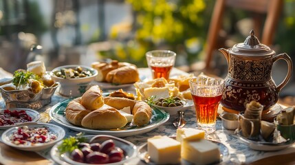 Fototapeta premium A Turkish breakfast spread with simit, olives, cheese, honey, and tea served in traditional tulip-shaped glasses, on a sunlit balcony. A beautifully arranged table features an assortment of traditiona