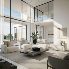 Fototapeta premium Mid-century style home interior design of modern living room. Accent coffee table near black tufted sofa against windows.