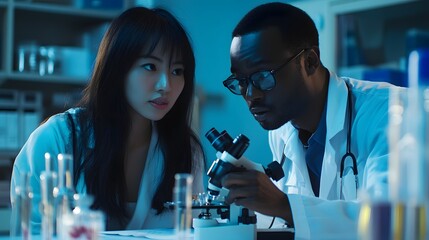 A focused male and female scientist analyze data together using a microscope in a modern laboratory setting, conveying teamwork and innovation in scientific research. 