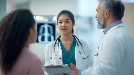 A diverse team of healthcare professionals discussing patient care, with a focus on collaboration in a modern medical environment. 