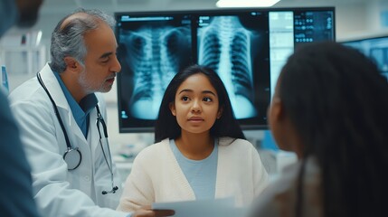 Obraz premium A doctor discusses chest X-ray results with a young girl and her family in a modern medical setting. 