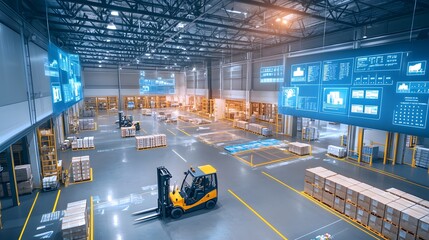 A modern warehouse interior showcasing a forklift navigating through organized pallet stacks, with digital interface displays highlighting operational data. 