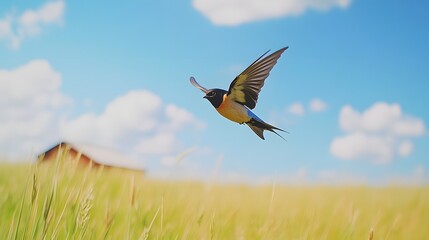 Fototapeta premium Barn Swallow (Hirundo rustica) in mid-flight over an open field near a barn, with clear skies and a few scattered clouds above.. A vibrant bird in mid-flight gracefully soars over a lush green field u