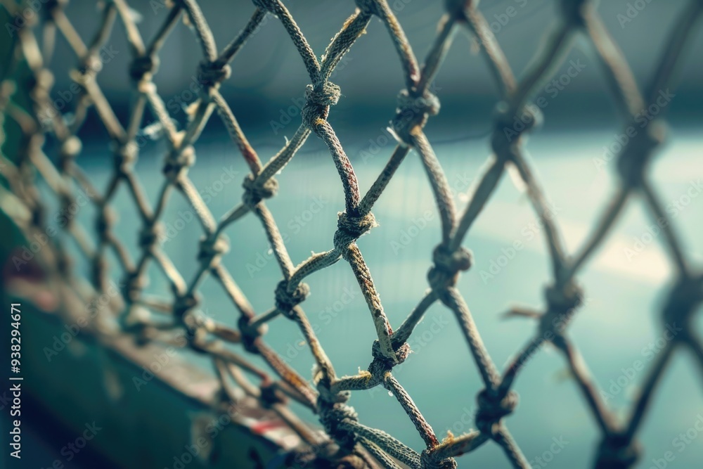 Poster a close-up photo of a chain link fence with details on the metal mesh and surrounding environment