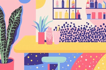 flat illustration depicting a bar with decoration, an ultra minimal naive art mixed with folk art risograph print design, grainy