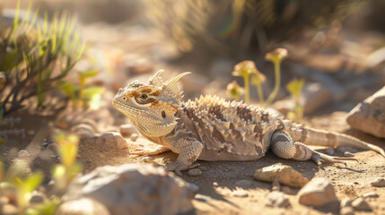 Obraz premium A vivid depiction of a horned lizard camouflaged among desert sand and rocks, its skin blending with the earth tones while subtle shadows emphasize its texture