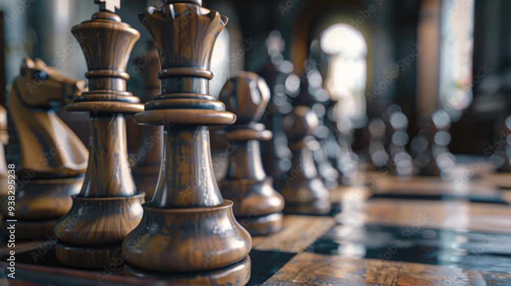 Poster A detailed shot of a chess game in progress, featuring multiple pieces