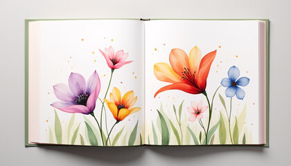 Open art book featuring vibrant and colorful watercolor flower illustrations blooming across the pages with intricate brushwork.