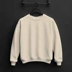 A plain cream-colored sweatshirt mockup is displayed on a hanger against a dark background, ideal for showcasing casual apparel designs. 