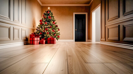 Elegance of the Holiday Season A Luxurious Interior Adorned with a Majestic Christmas Tree Illuminating the Room with Festive Warmth and Timeless Sophistication