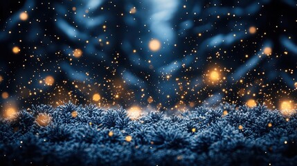 Obraz premium ethereal winter wonderland with swirling golden particles and navy blue backdrop magical atmosphere with glowing bokeh effects resembling falling snowflakes in a enchanted nocturnal forest