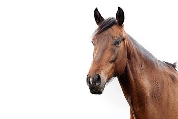 A close-up shot of a horse's head on a white background