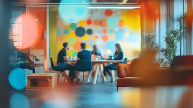 A vibrant office scene featuring a diverse group of professionals engaged in a collaborative discussion around a table, with a colorful mural in the background. 