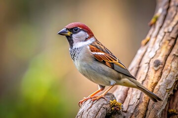 Fototapeta premium Plain backed sparrow perching on tree bark creating a forced perspective effect, bird watching, wild species, natural habitat, bird photography, avian, tree bark, nature photography