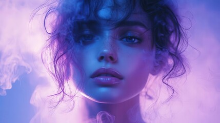 Fototapeta premium ethereal woman encased in swirling violet mist isolated on soft azure backdrop dreamy portrait with otherworldly atmosphere blending fashion and fantasy elements