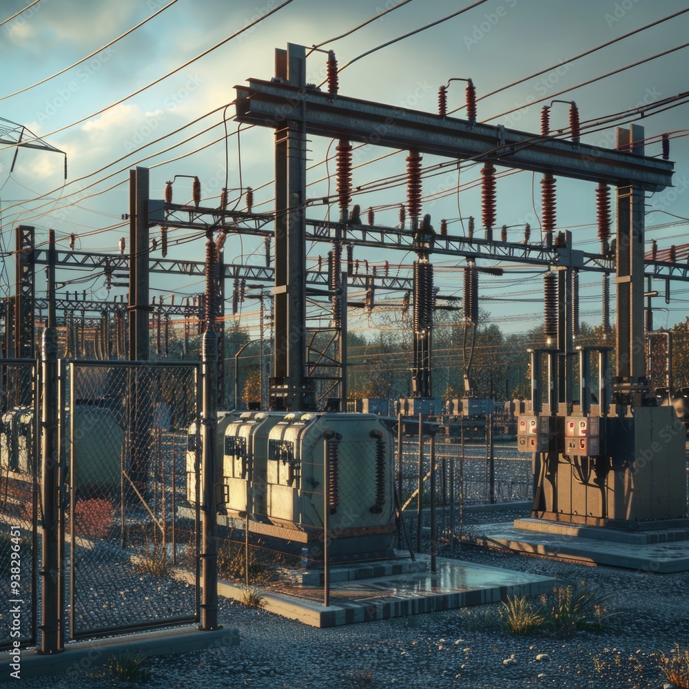 Aufkleber Electricity infrastructure with multiple wires suspended from structure, suitable for use in illustrations about technology or energy