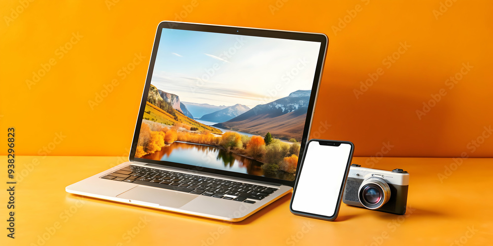 Poster seamless connectivity between phone and tablet emphasized in modern setup on white background. ideal