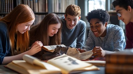 A group of diverse young students engaged in collaborative research while exploring old books in a cozy library setting, fostering education and creativity. 