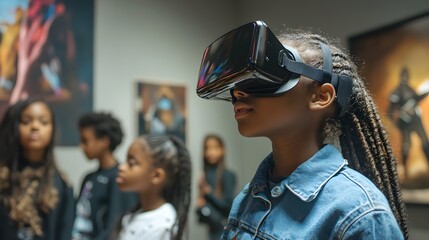 A young girl wearing a virtual reality headset is immersed in an interactive experience while other children observe in an art gallery setting.¬†