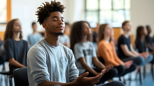 A diverse group of young individuals practicing mindfulness and meditation in a serene classroom setting, focusing on inner peace and relaxation. 