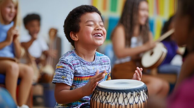A joyful young boy plays a traditional drum in a vibrant classroom setting filled with children engaging in music education. 