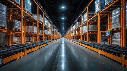 expansive logistics warehouse with advanced robotics automated sorting systems and smart inventory management bathed in cool led lighting and buzzing with efficiency