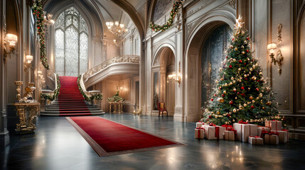 Fototapeta premium Elegance of the Holiday Season A Luxurious Interior Adorned with a Majestic Christmas Tree Illuminating the Room with Festive Warmth and Timeless Sophistication