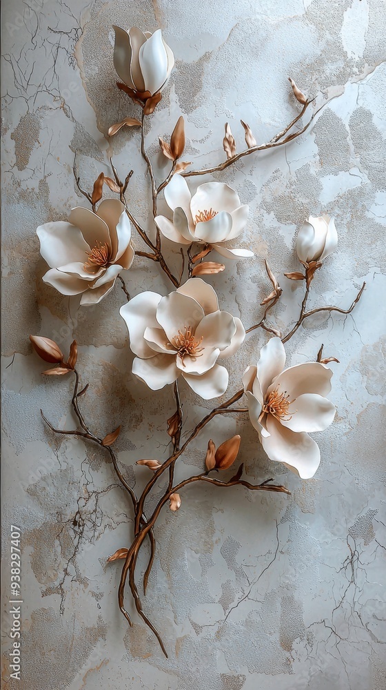 Wall mural on a beautiful stucco relief, magnolia blossoms appear layered on waxy leaves and ivory petals.