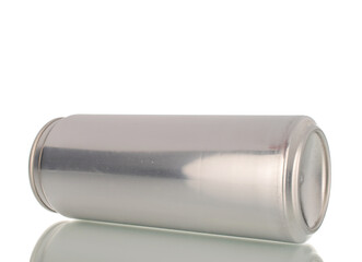 Metal can with drink, macro, isolated on white background.