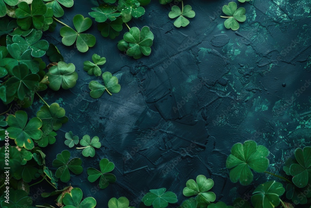 Poster a close-up image of a group of green leaves arranged on a dark surface