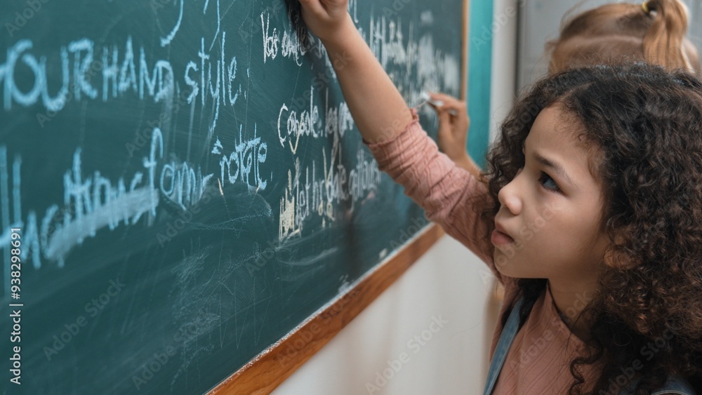 Poster american student studying coding engineering prompt while writing answer on blackboard. intelligence