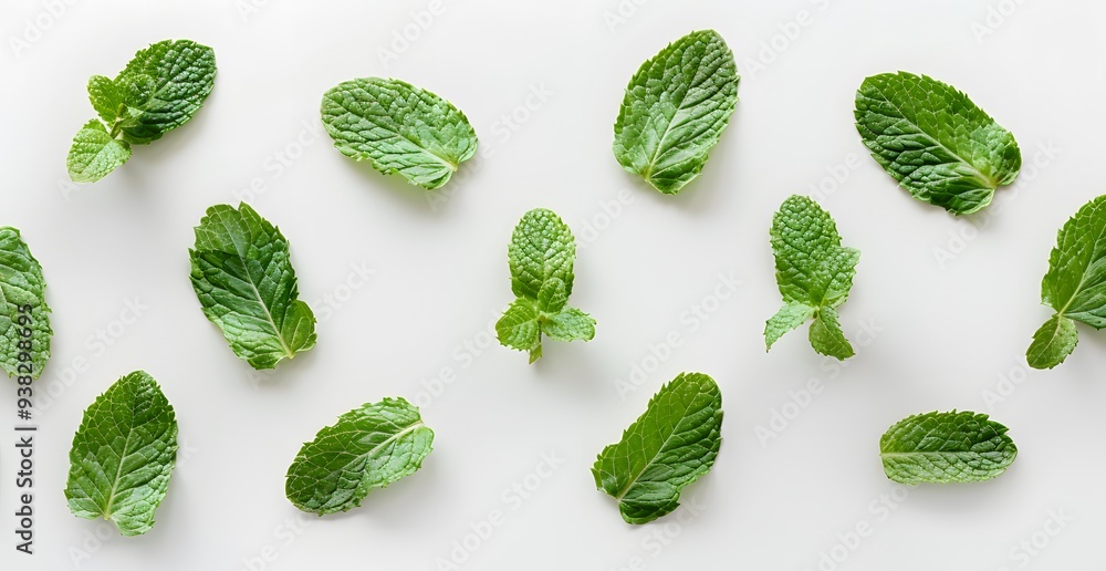 Wall mural a collection of mint leaves isolated on a white background, viewed from the top down.