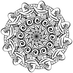Outline mandala for Halloween, coloring page with witch hat and spider web for activity and design