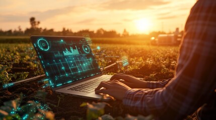 Harvesting Data: A farmer leverages agritech innovation, analyzing crop yields and field data on a laptop against a vibrant sunset backdrop.