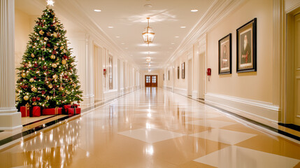 Elegance of the Holiday Season A Luxurious Interior Adorned with a Majestic Christmas Tree Illuminating the Room with Festive Warmth and Timeless Sophistication