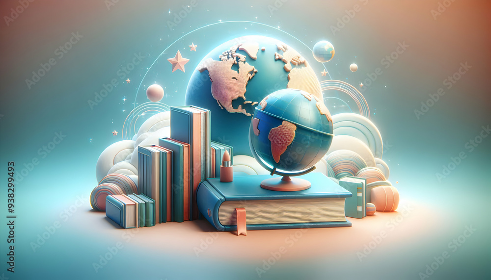 Poster 3D Flat Icon: Book and Globe Concept for Global Education   Dreamy Background with Ample Space for Text and Graphics