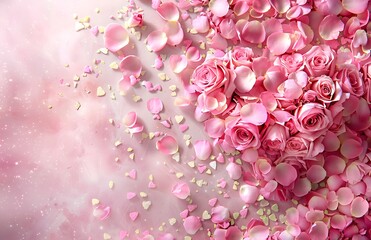 A stock photo featuring a pink heart background with roses and confetti, styled with a blurred effect and minimalistic Japanese design.