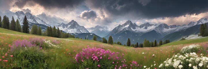 Fototapeta premium panorama, nature, flower, meadow, mountain, travel, summer, landscape, grass, beautiful, sky, background, outdoors