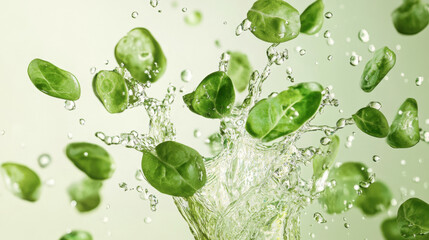 Fresh microgreen leaves splashing in clear water on a light background. Concept of freshness food, healthy lifestyle and vegan
