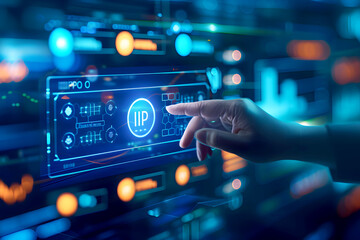 Interactive Touchscreen Tech: Smart Home, Cybersecurity, and Digital Interfaces in Modern Business. Person Pushing 'IPO' on a Touchscreen Interface. HD Landscape Wallpaper for Desktop PC