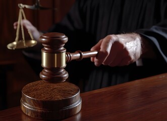 A stock photo featuring a wooden gavel prominently placed on a table in the foreground, with a blurred background showing a judge's hands holding the gavel.