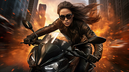 Action shot with woman on the bike riding away from fire and explosion. Dynamic scene in action movie blockbuster style.