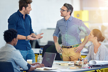 Feedback, business people and coworking in office for brainstorming, planning and ideas for startup. Graphic designers, employees and manager in creative agency for advice, discussion and listening