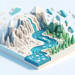 3D Flat Icon: Glacier Retreat and Bountiful River Concept