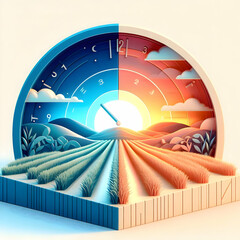 3D Flat Icon Morning and Evening Fields Timelapse   Agriculture Cycle Concept on Dreamy Background with Ample Space for Text or Graphics   Isolated White Background