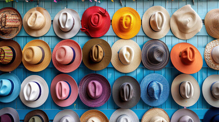 various colorful hats on a wall. Hat Day. 