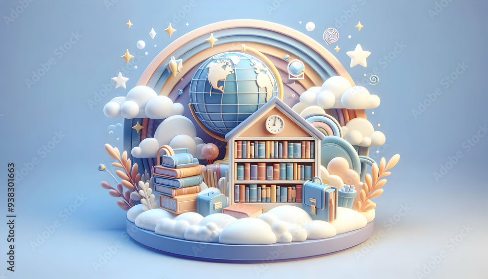 Poster 3D Flat Icon: School Library and Globe Concept   A Whimsical Representation of Global Perspective and Knowledge in Education | Isolated on White Background
