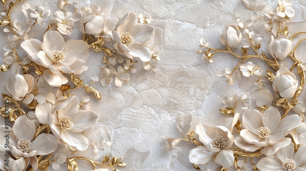 Wall mural Decorative stucco relief of Magnolia Blossoms on Waxy Leaves and Ivory Petals