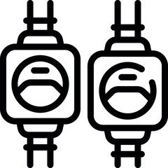 Simple black and white line art depicting two empty funicular railway cabins arriving at a station