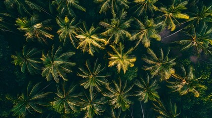 A striking perspective of coconut palms stretching high into the sky, with a clear view of their distinctive curved trunks and feather-like leaves.